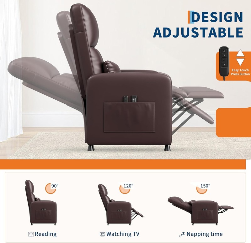 Power Recliner Chair with Massage & Heat,PU Leather with USB Port & Side Pockets gallery