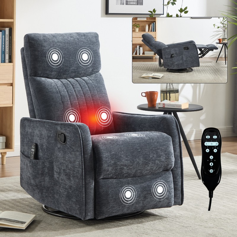 Blue Fabric Recliner Chair with Massage, Heat, Swivel & Rocker