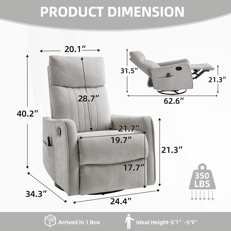 Light Gray Manual Recliner Chair with Massage, Heat, Swivel & Rocker gallery