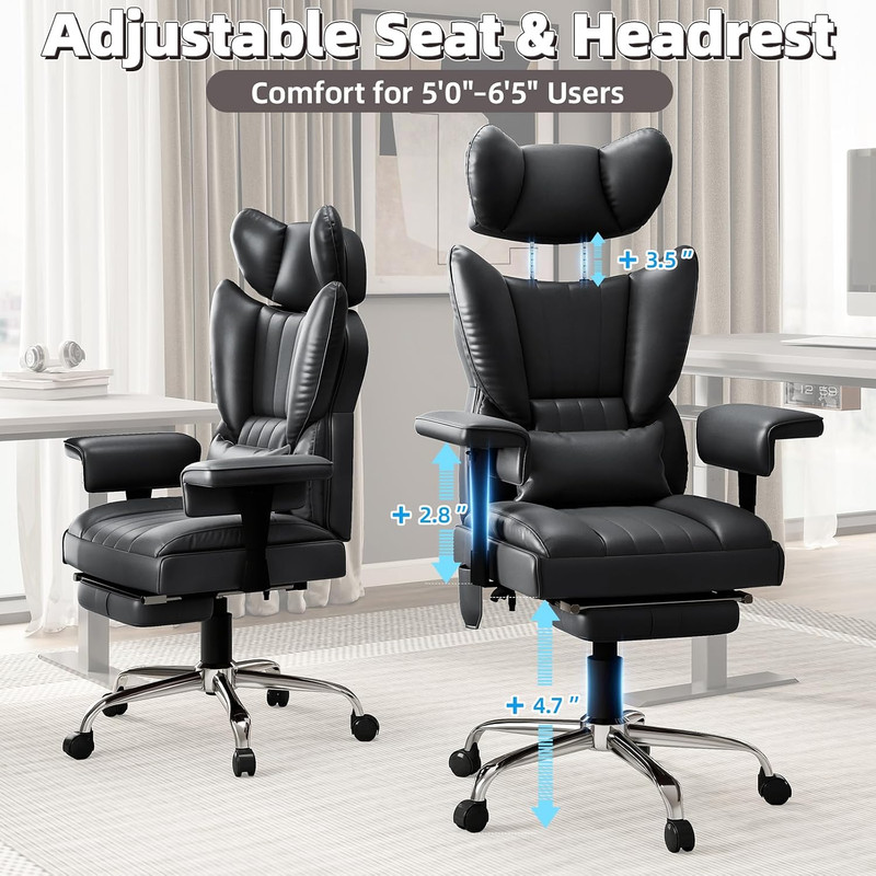6 Points Massage Heated Home Office Chair with Foot Rest, Black | 400LBS Executi gallery