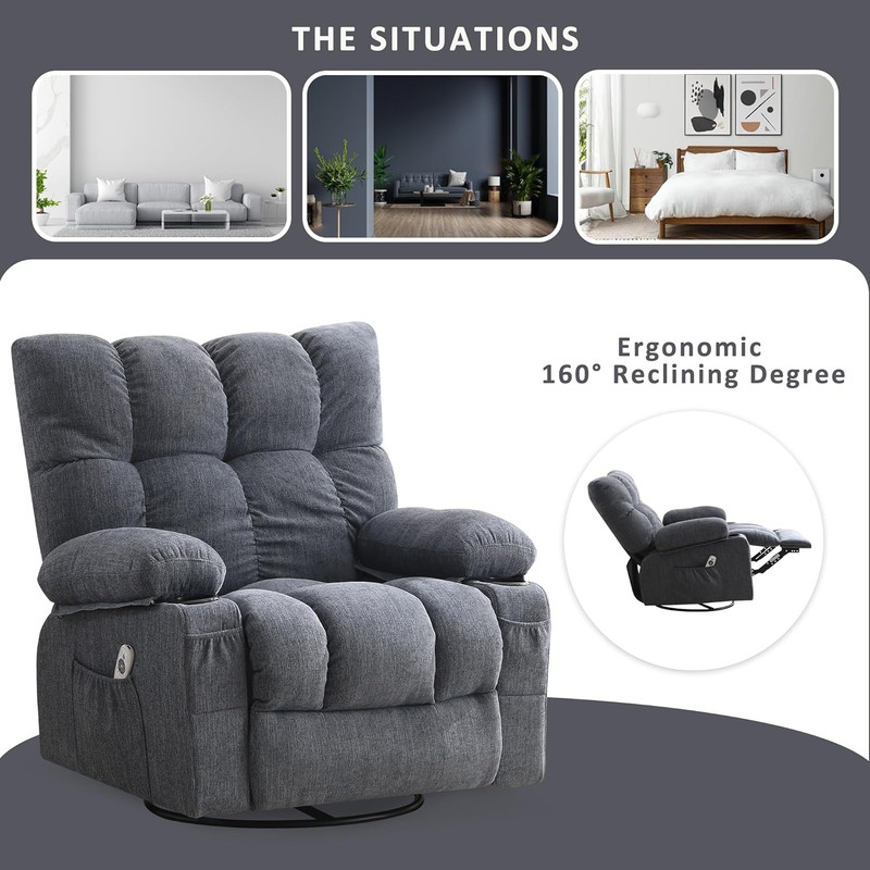 Oversized Massage Swivel Recliner Chair with Lumbar Heating for Living Room Rock gallery