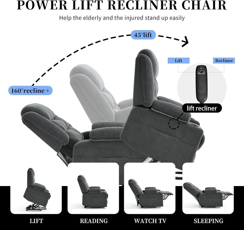 Power Lift Recliner Chair for Elderly Heat Massage USB Cup Holders Grey Fabric gallery