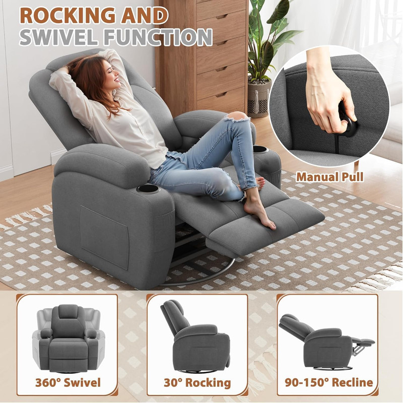 Vibrating Swivel Rocker Recliner Chair with Cup Holders - Gray Fabric gallery
