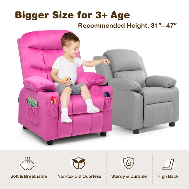 Honeyjoy Kids Youth Recliner Chair Velvet Fabric w/Cup Holder & Side Pocket Pink gallery