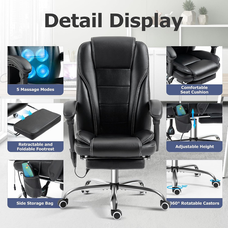 Tonghuas Massage Office Chair with Foot Rest Vibration and Heating, 90-130° Recl gallery