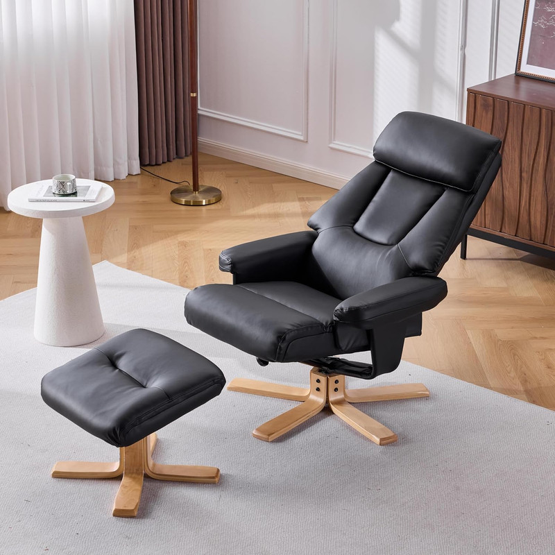 Heated Massage Accent Chair with Ottoman, 360° Swivel, PU Leather, Black gallery