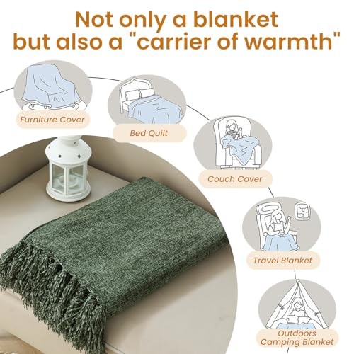 Chenille Throw Blanket for Couch Bed，Soft Cozy Throw Blanket with Olive Green gallery