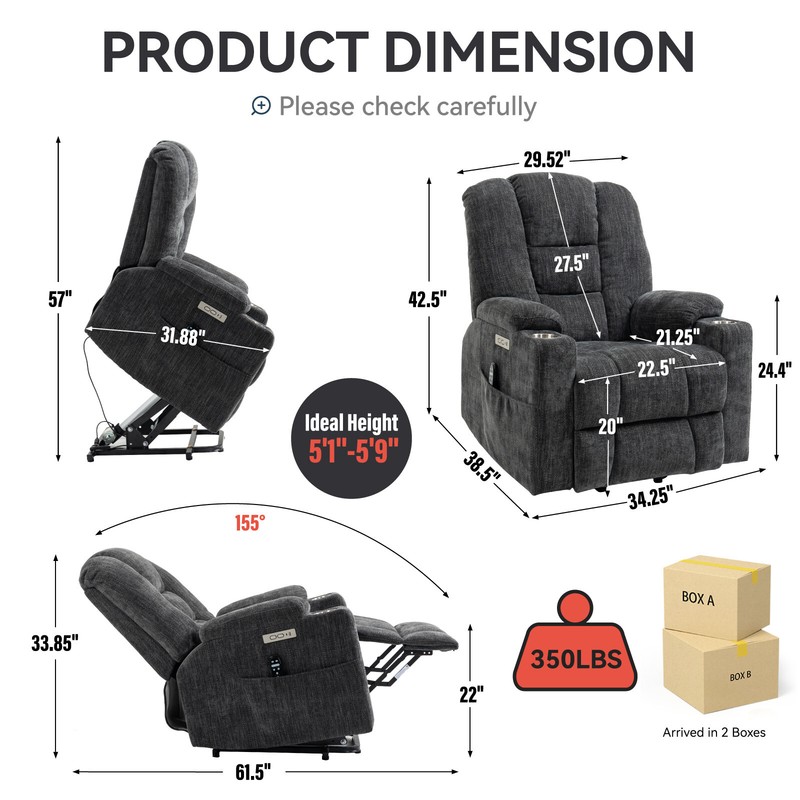 Power Lift Recliner Chair with Massage and Heat for Elderly, 2 Cup Holders, Gray gallery