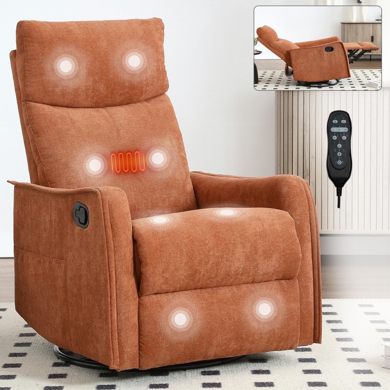 Heat Massage Manual Recliner Chair W/ Rocker and Swivel in Fabric Fo Living Room