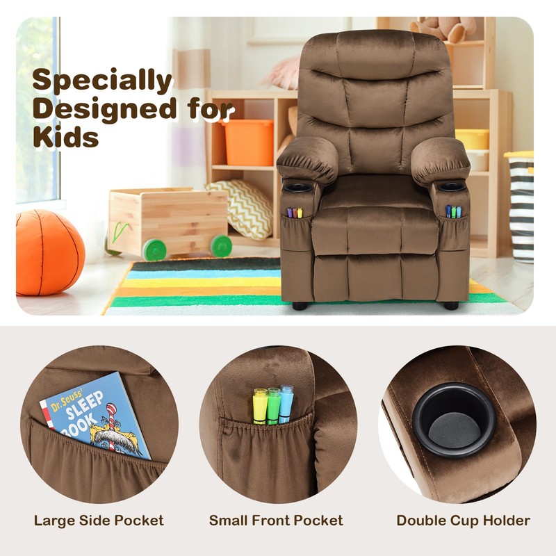 Honeyjoy Kids Youth Recliner Chair Velvet Fabric Armrest Sofa w/Cup Holder Brown gallery