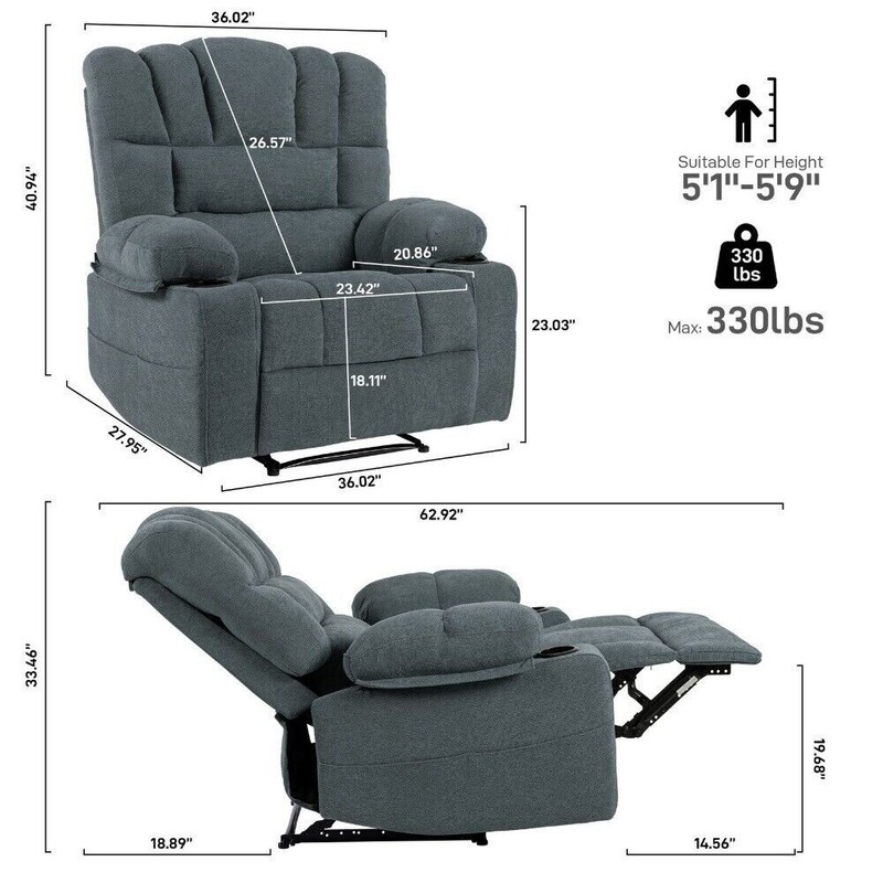 Electeic Massage Recliner Chenille Sofa Chair with Heating Vibration 330lb Load gallery
