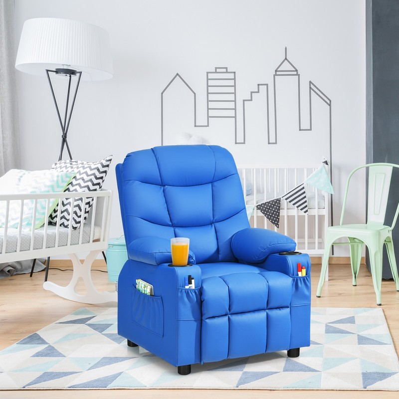 Honeyjoy Kids Youth Recliner Chair PU Leather w/Cup Holders & Side Pockets Blue gallery