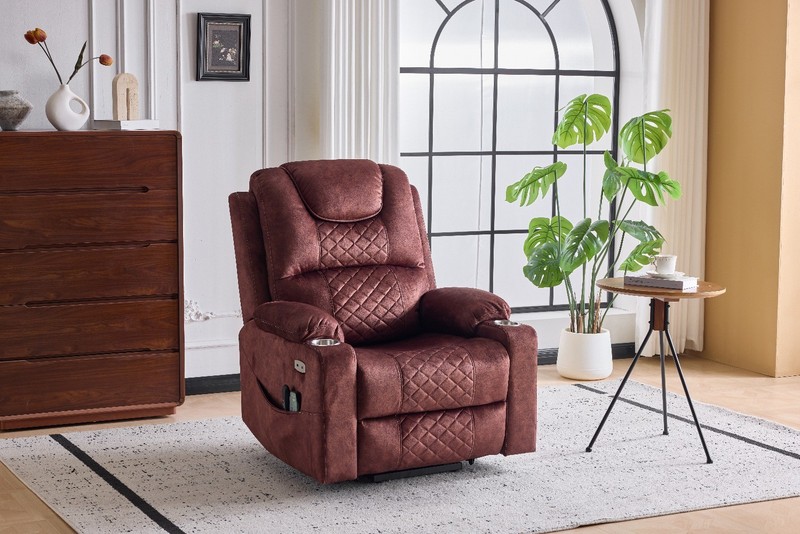 Power Lift Recliner Massage Chair with Heating & USB Ports, Reddish Brown