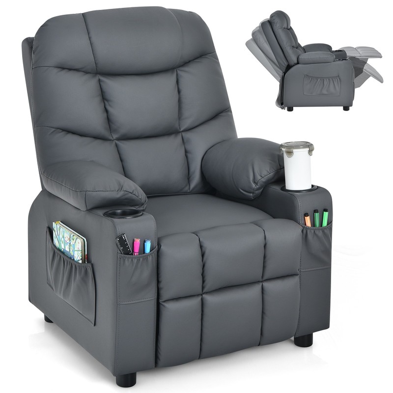 Honeyjoy Kids Youth Recliner Chair PU Leather w/Side Pockets & Cup Holders Grey