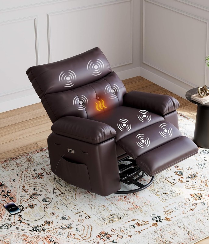 Electric Rocker Swivel Recliner Chair,Overstuffed PU Leather Seat w Heat&Massage gallery