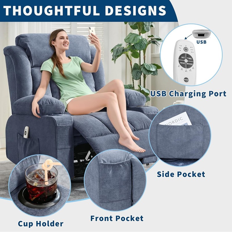 Oversized Swivel Rocking Recliner Chair,Heat&Massage,360° Swivel USB Cup Holders gallery
