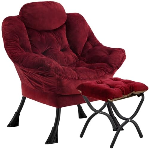 Lazy Chair with Folding Ottoman,Leisure Sofa Chair,Soft Fabric Plush Red gallery