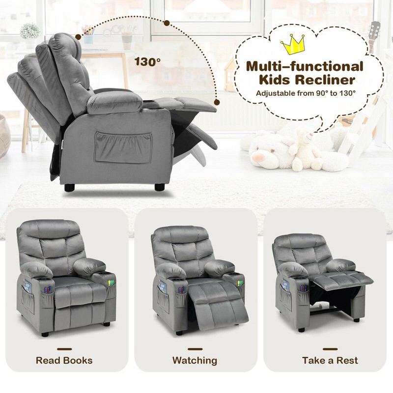 Kids Youth Recliner Chair Velvet Fabric w/Cup Holder & Side Pocket Grey gallery