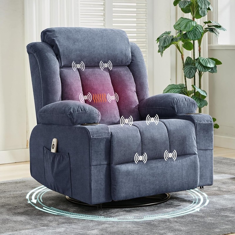 Swivel Rocking Recliner with Heat & Massage, 360° Swivel USB Cup Holder Storage