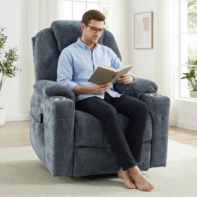 Electric Recliner Lift Chair with Massage, Heat, USB, & Cup Holders - Blue gallery