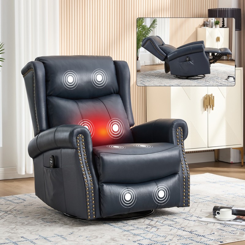 Massage Recliner Chair with Rocker, Swivel & Heat, Blue Leather