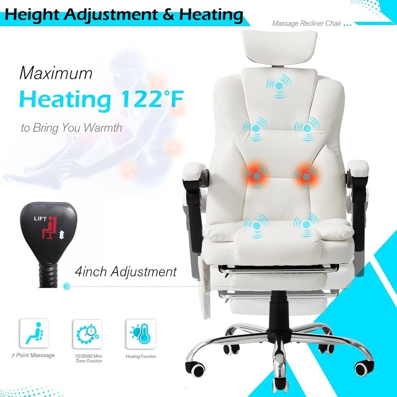 Massage Office Chair Heat Reclining Footrest Executive Chair White Leather gallery