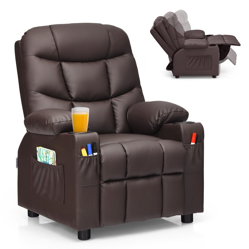 Honeyjoy Kids Youth Recliner Chair PU Leather w/Cup Holders & Side Pockets Brown