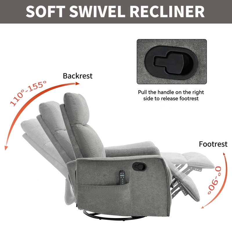 Manual Recliner Chair with Massage, Heat, Swivel & Rocker, Light Grey gallery