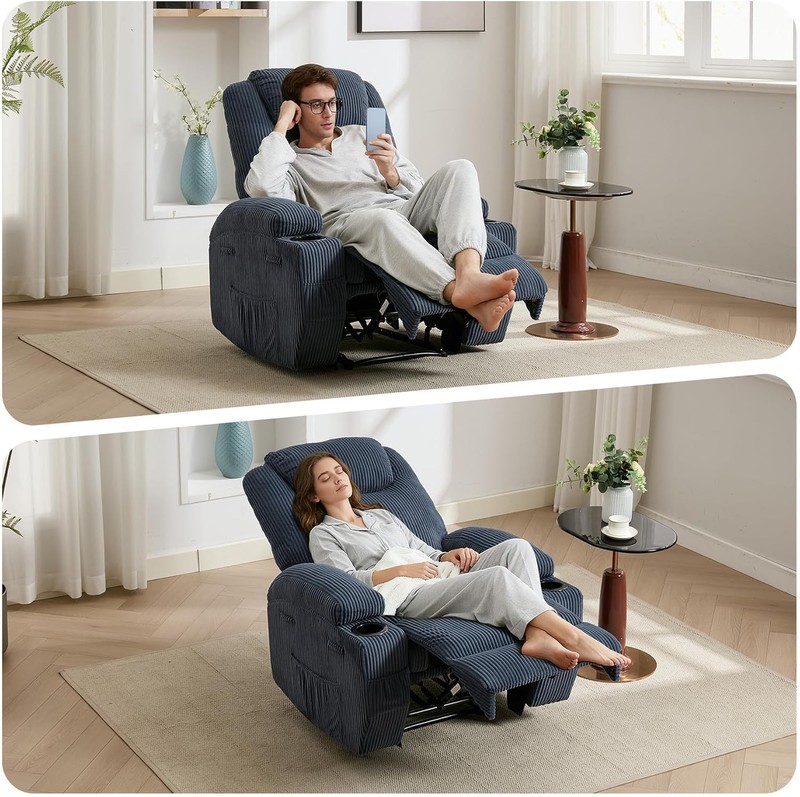 Heated Electric Recliner Chair, 135° Adjustable Corduroy Massage Chair Blue gallery