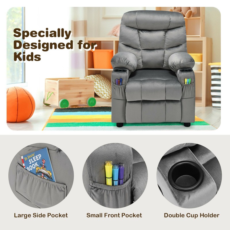 Kids Youth Recliner Chair Velvet Fabric w/Cup Holder & Side Pocket Grey gallery