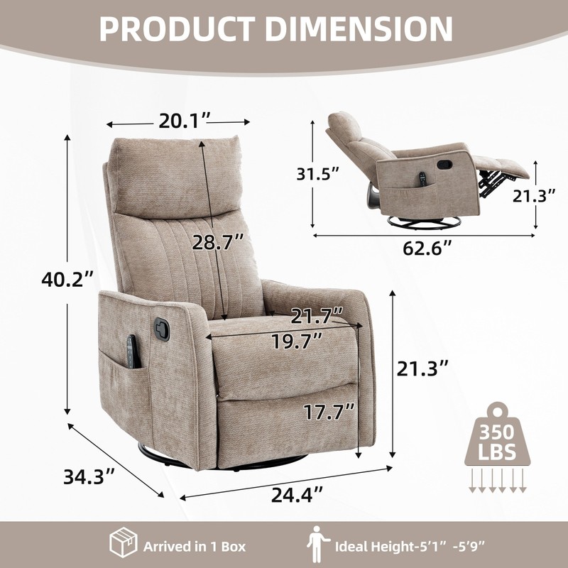 Khaki Manual Recliner Chair with Massage, Heat, Rocker & Swivel gallery
