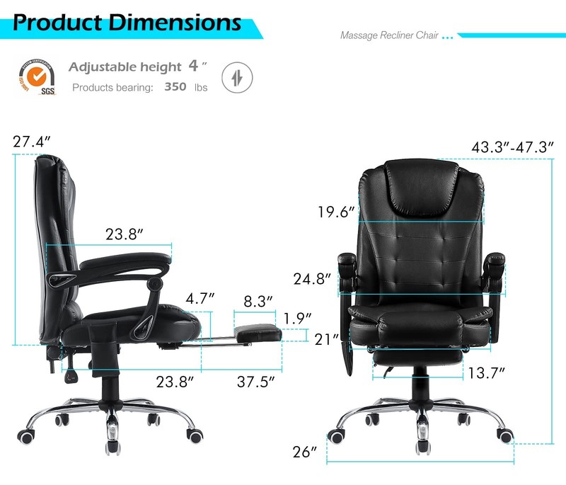 Executive Massage Office Chair with Heat, Reclining Footrest, Black Leather gallery