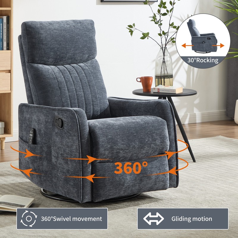 Blue Fabric Recliner Chair with Massage, Heat, Swivel & Rocker gallery
