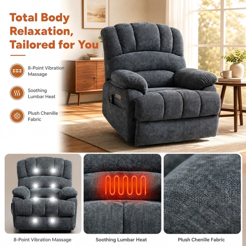 Large Power Lift Recliner Chair High Back Chenille 8-Point Massage Heat 23" Wide gallery