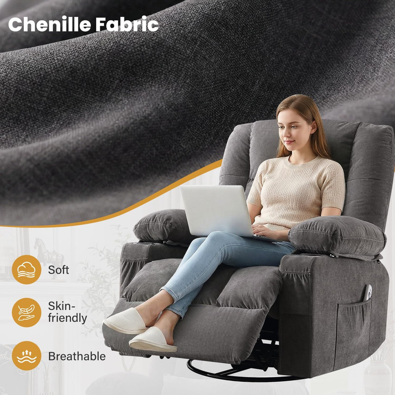 Swivel Rocker Recliner Chair with Vibration Massage and Heating Functions for Ad gallery