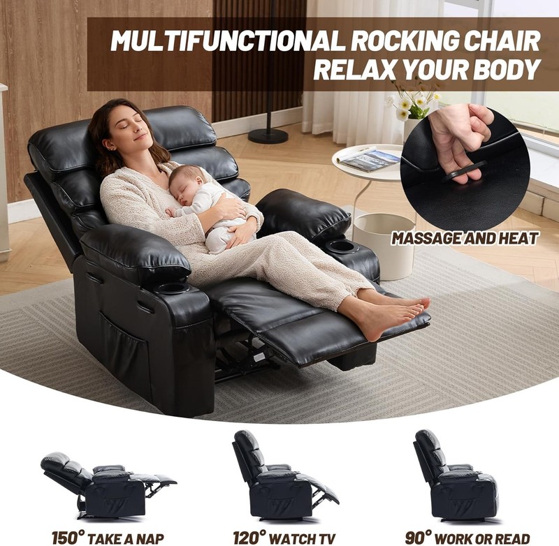 Extra Wide Manual Recliner with Massage & Heat, PU Leather Black for Living Room gallery