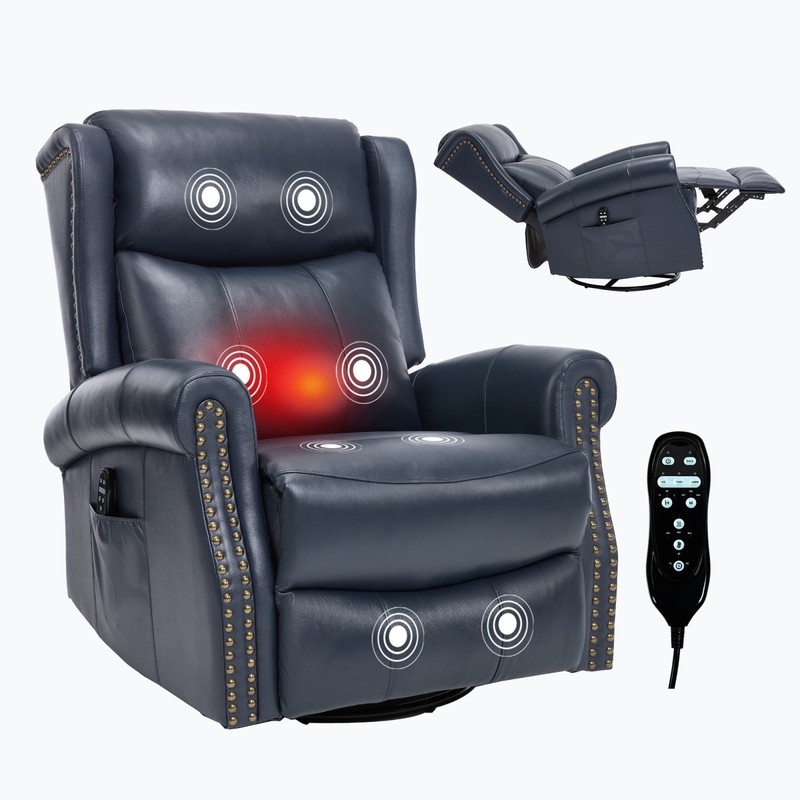 Massage Recliner Chair with Rocker, Swivel & Heat, Blue Leather gallery