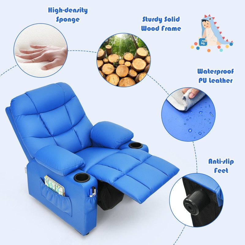 Honeyjoy Kids Youth Recliner Chair PU Leather w/Cup Holders & Side Pockets Blue gallery