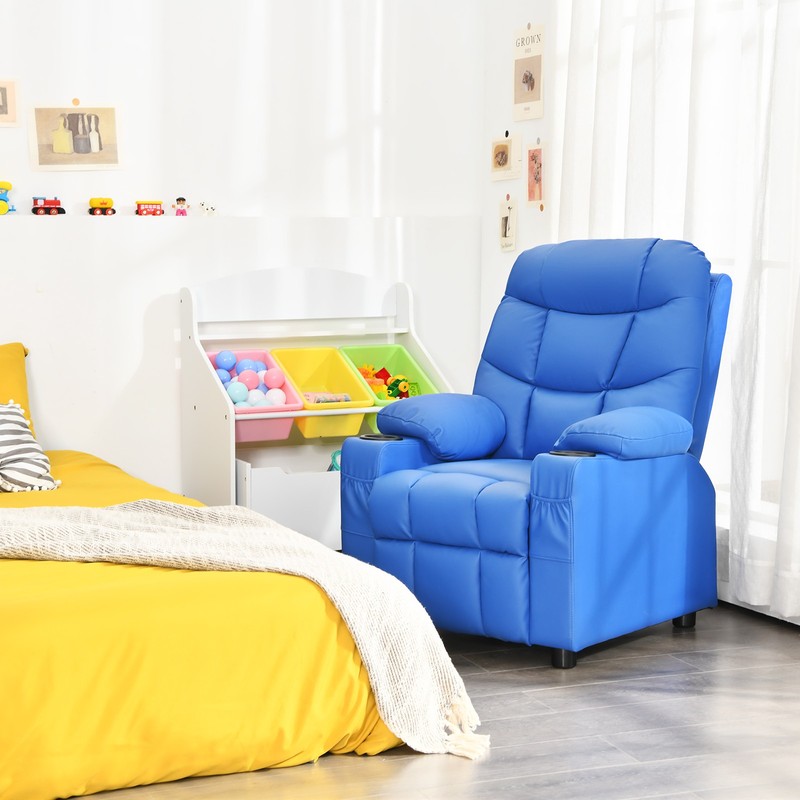 Honeyjoy Kids Youth Recliner Chair PU Leather w/Cup Holders & Side Pockets Blue gallery