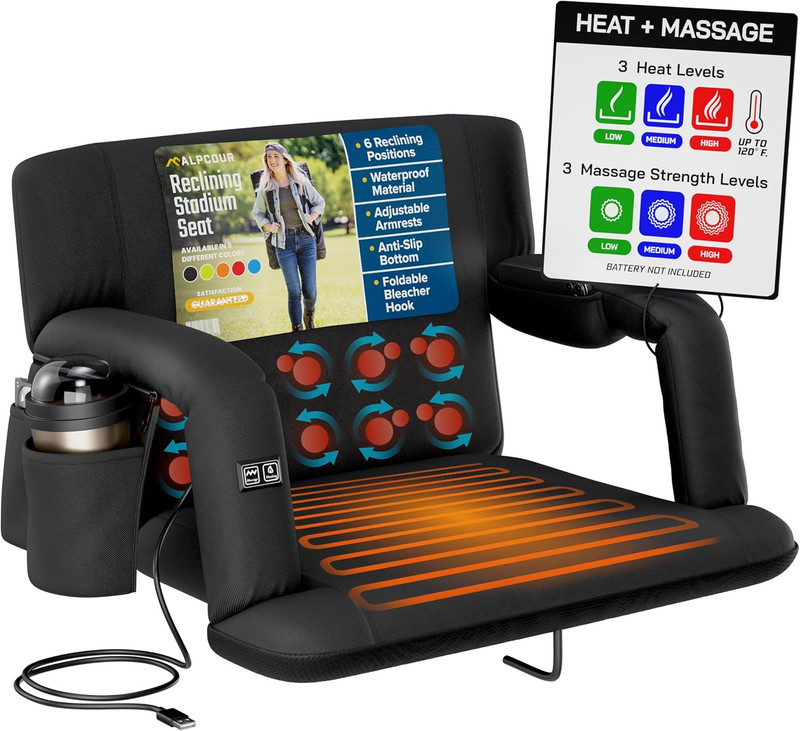 Heating Massage Stadium Seat – Deluxe Extra-Wide Reclining Bleacher Chair with B