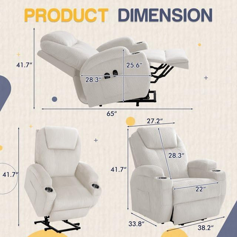 Electric Power Lift Recliner Chair with Massage for Elderly Corduroy Fabric Recl gallery