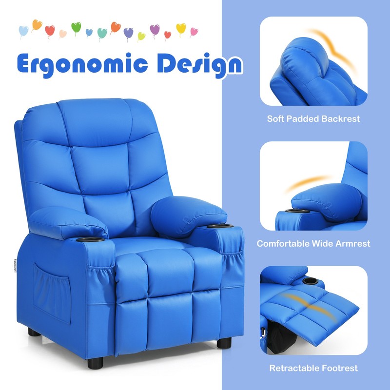 Costway Kids Youth Recliner Chair PU Leather w/Cup Holders & Side Pockets Blue gallery