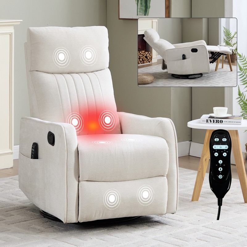 Beige Fabric Recliner Chair with Massage, Heat, Swivel & Rocker