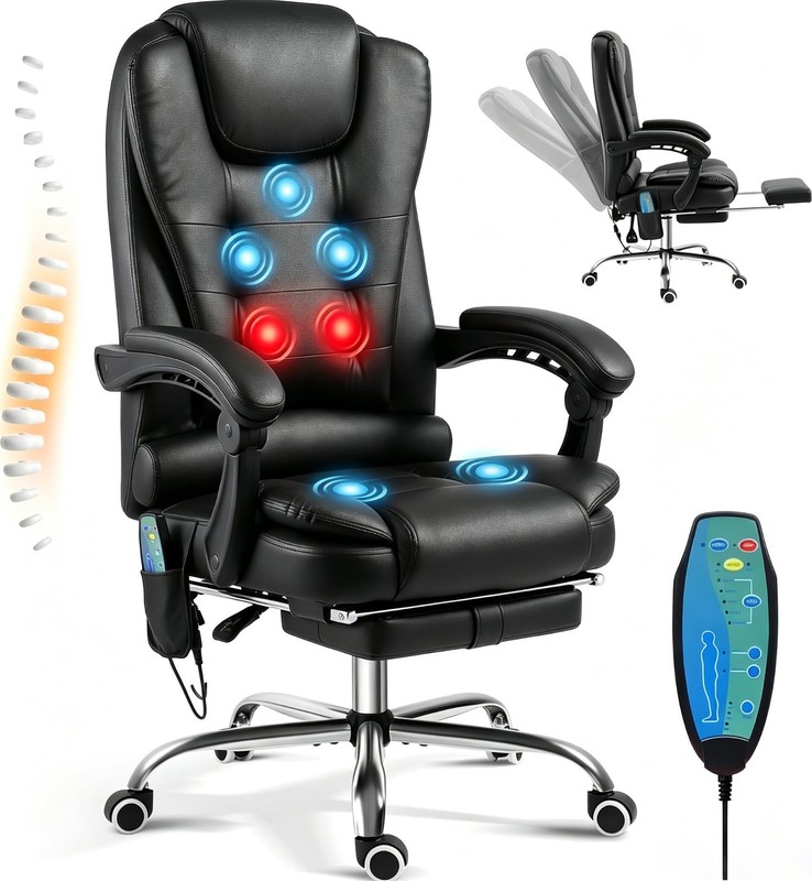 Executive Massage Office Chair with Heat, Reclining Footrest, Black Leather