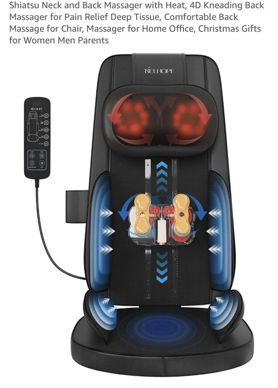 Belhope Heated Rolling Kneading Massage Chair Cushion Black Remote Control