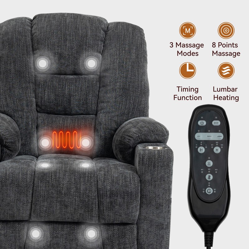 Power Lift Recliner Chair with Massage and Heat for Elderly, 2 Cup Holders, Gray gallery