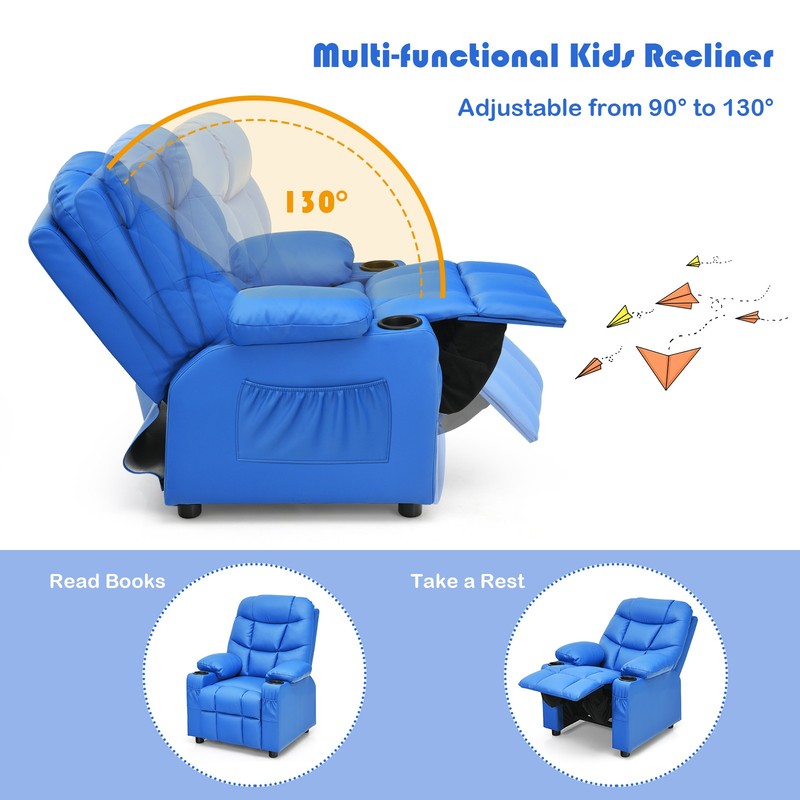 Costway Kids Youth Recliner Chair PU Leather w/Cup Holders & Side Pockets Blue gallery