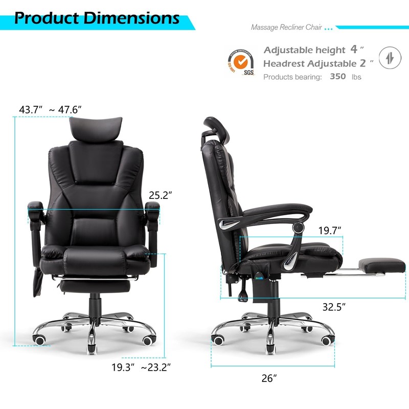 Massage Office Chair Heat Reclining Footrest Executive Chair Black Leather gallery