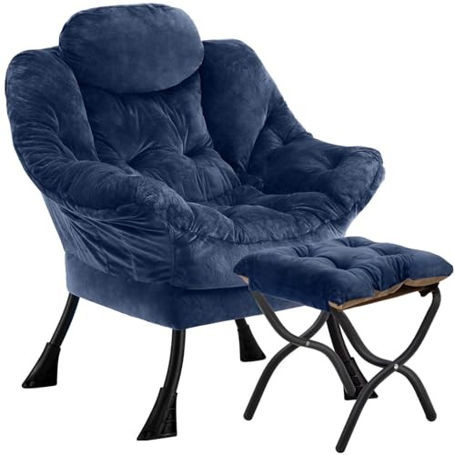 Lazy Chair with Folding Ottoman,Leisure Sofa Chair,Soft Fabric Plush Navy gallery