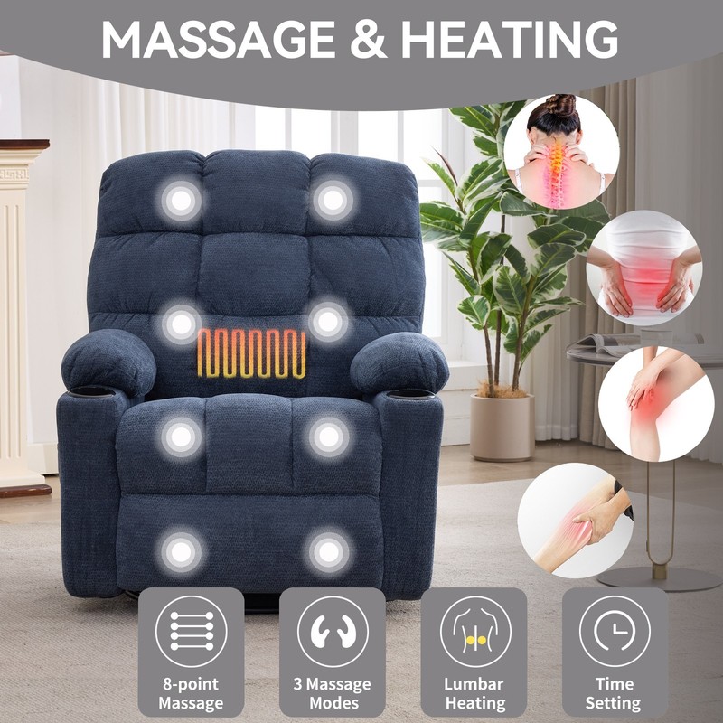 Heat Massage Electric Recliner Chair, Swivel Rocker, 8-Node Vibration, Blue gallery